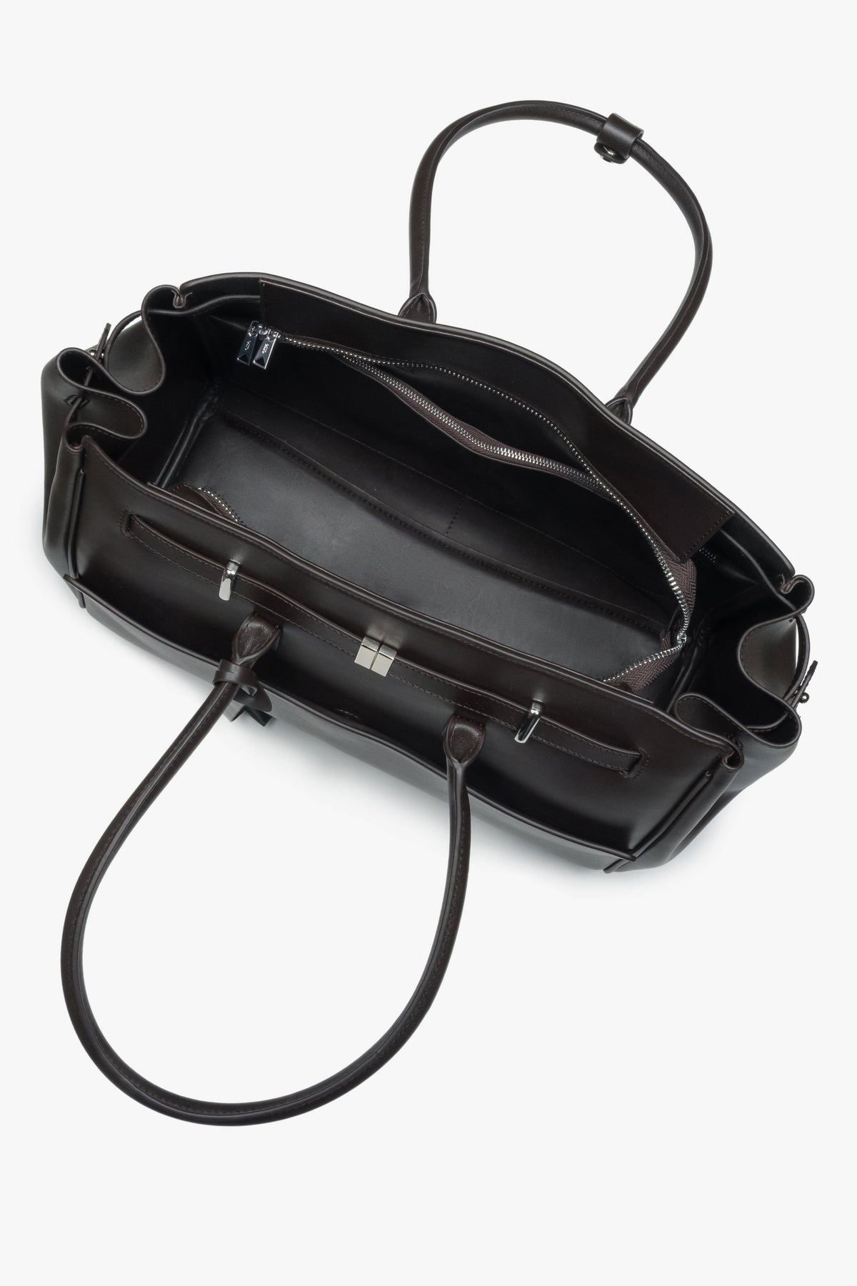 Classic dark brown leather satchel bag with sturdy handles and a refined, structured shape perfect for work and everyday use.