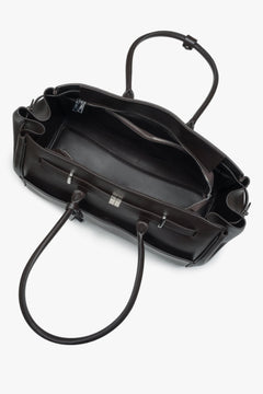Classic dark brown leather satchel bag with sturdy handles and a refined, structured shape perfect for work and everyday use.