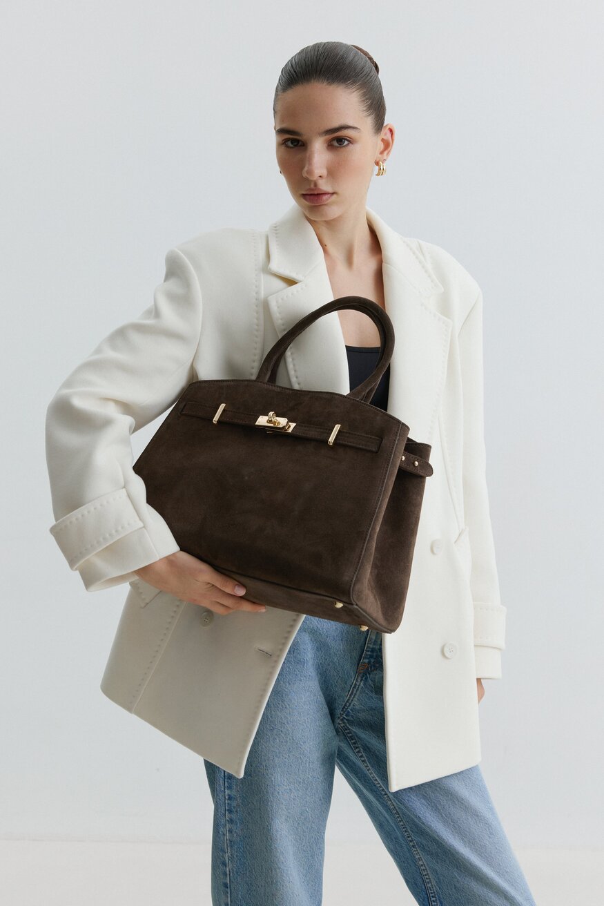 Women's Dark Brown Tote Bag made of Premium Genuine Italian Velour Estro ER00118154.