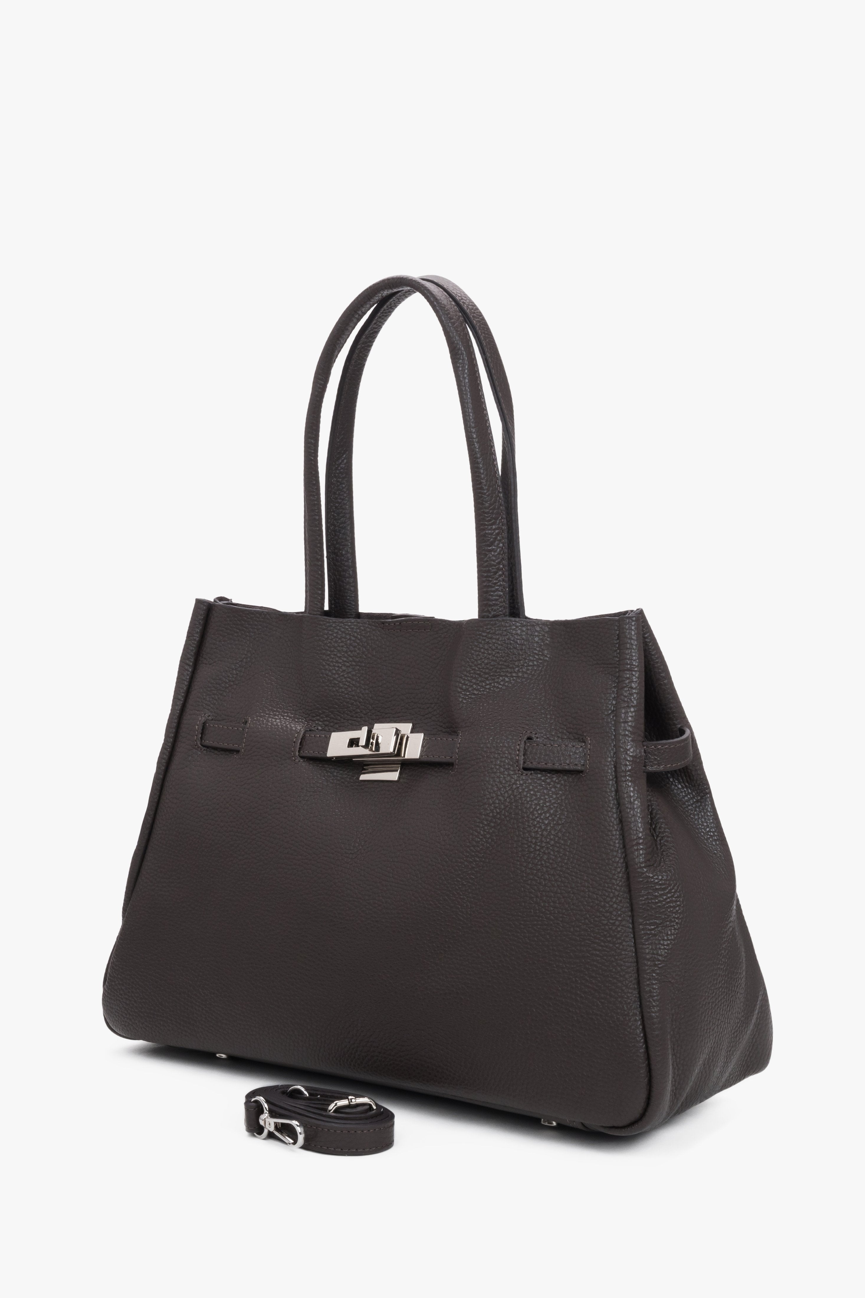 Dark brown leather satchel bag with a long strap made of premium Italian genuine leather by Estro.