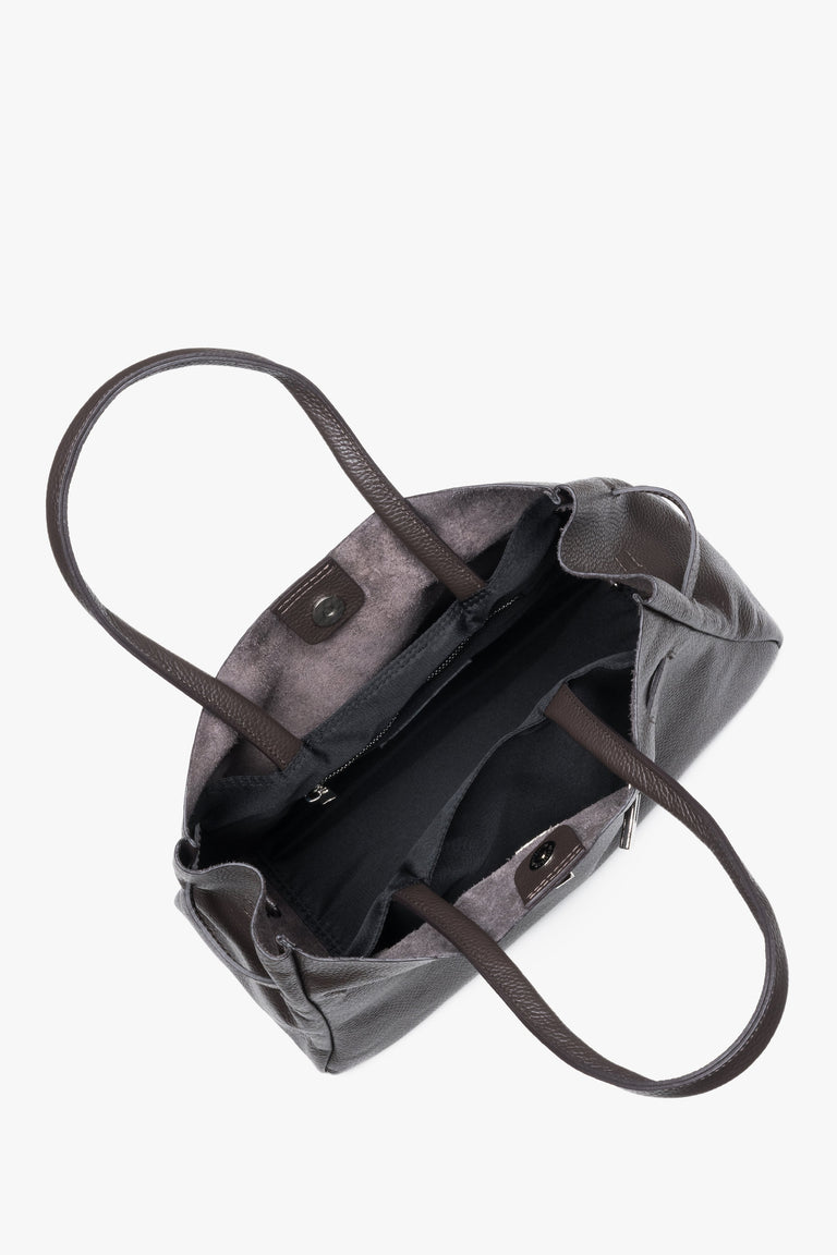 Spacious dark brown satchel bag with three compartments made of premium Italian genuine leather by Estro.