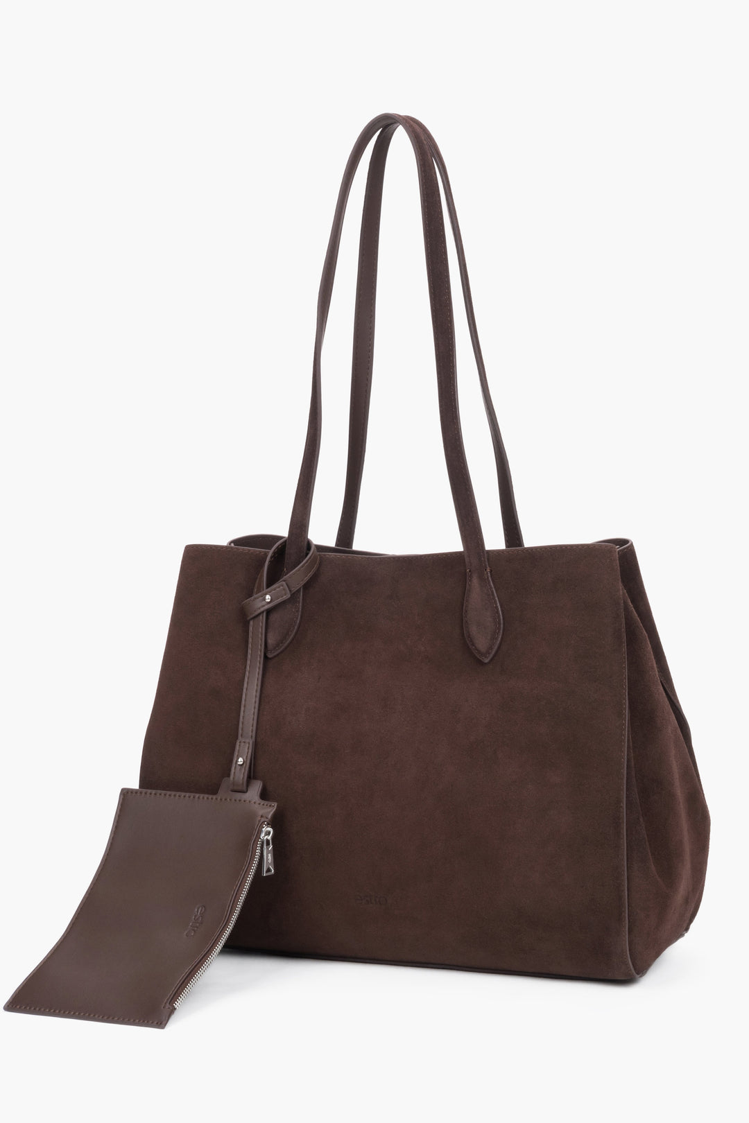 Women's dark brown Estro shopper bag made of natural velour, featuring a minimalist front design and long, comfortable handles for shoulder carrying.