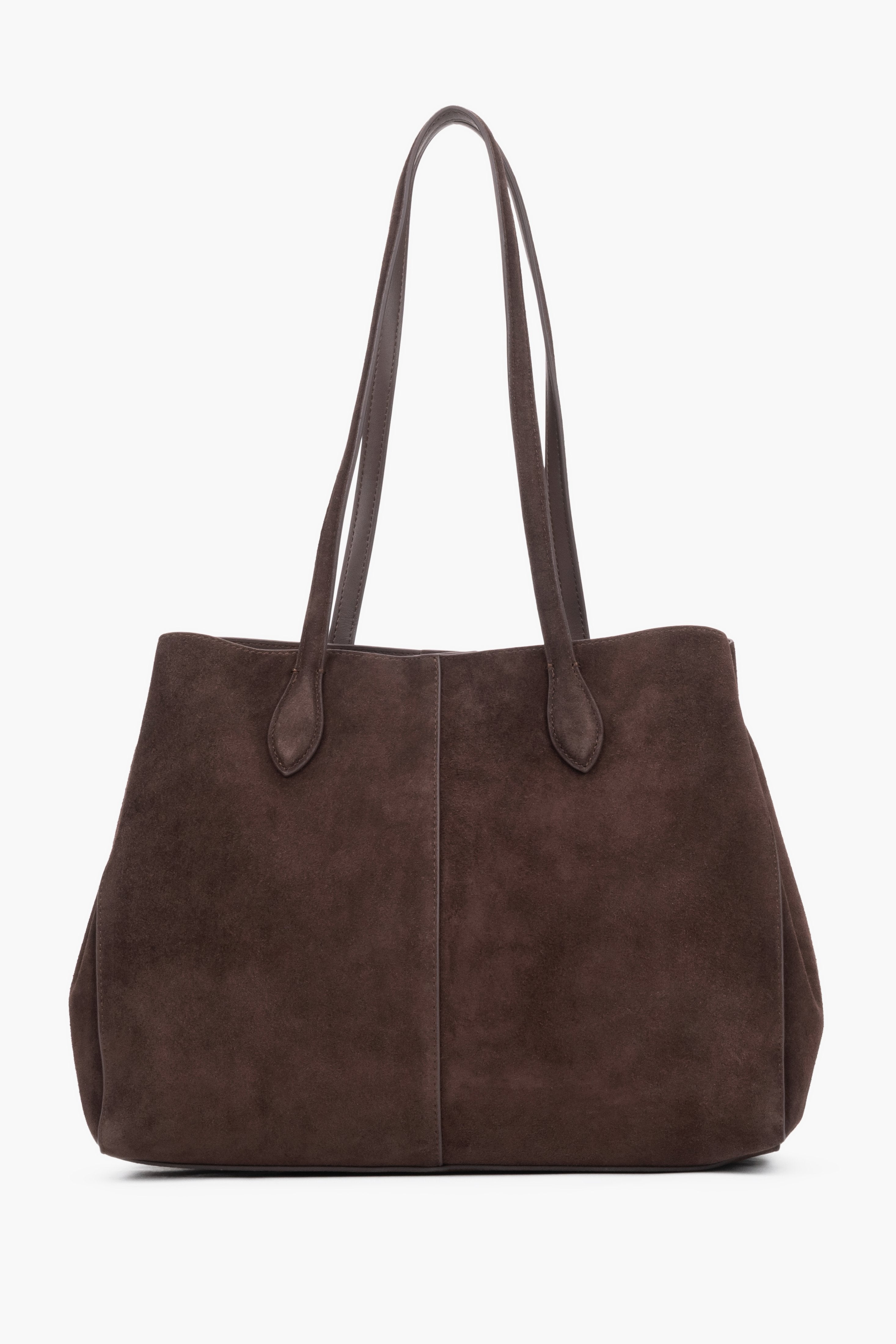 The back of the bag displaying perfect, vertical stitching down the center and the matte, noble texture of the suede material