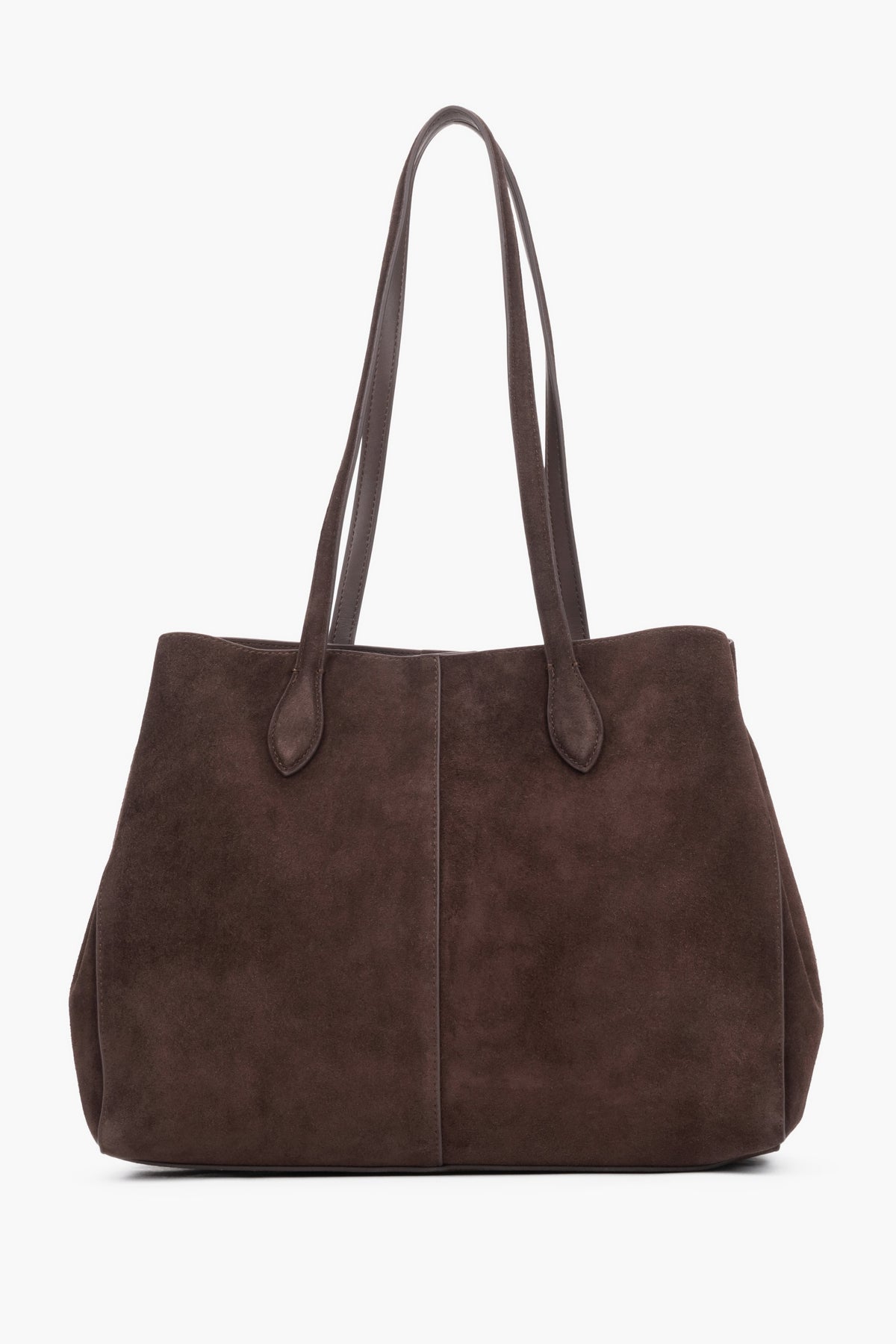 The back of the bag displaying perfect, vertical stitching down the center and the matte, noble texture of the suede material