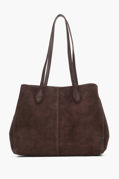 The back of the bag displaying perfect, vertical stitching down the center and the matte, noble texture of the suede material