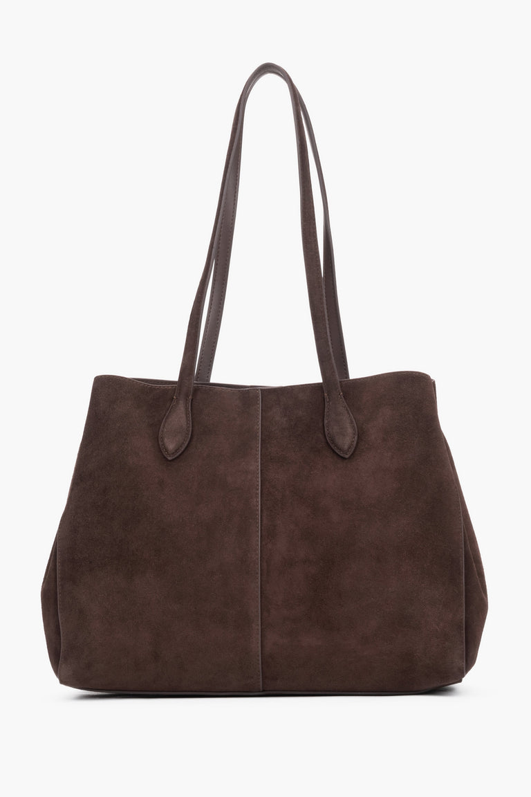 The back of the bag displaying perfect, vertical stitching down the center and the matte, noble texture of the suede material
