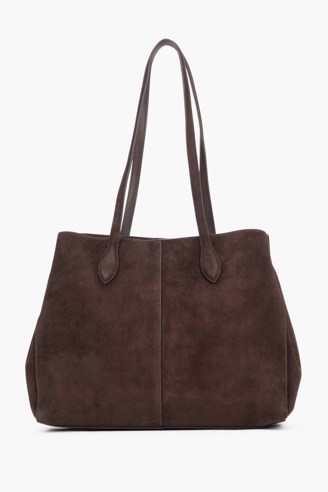 The back of the bag displaying perfect, vertical stitching down the center and the matte, noble texture of the suede material