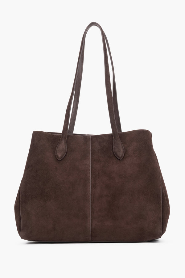 The back of the bag displaying perfect, vertical stitching down the center and the matte, noble texture of the suede material