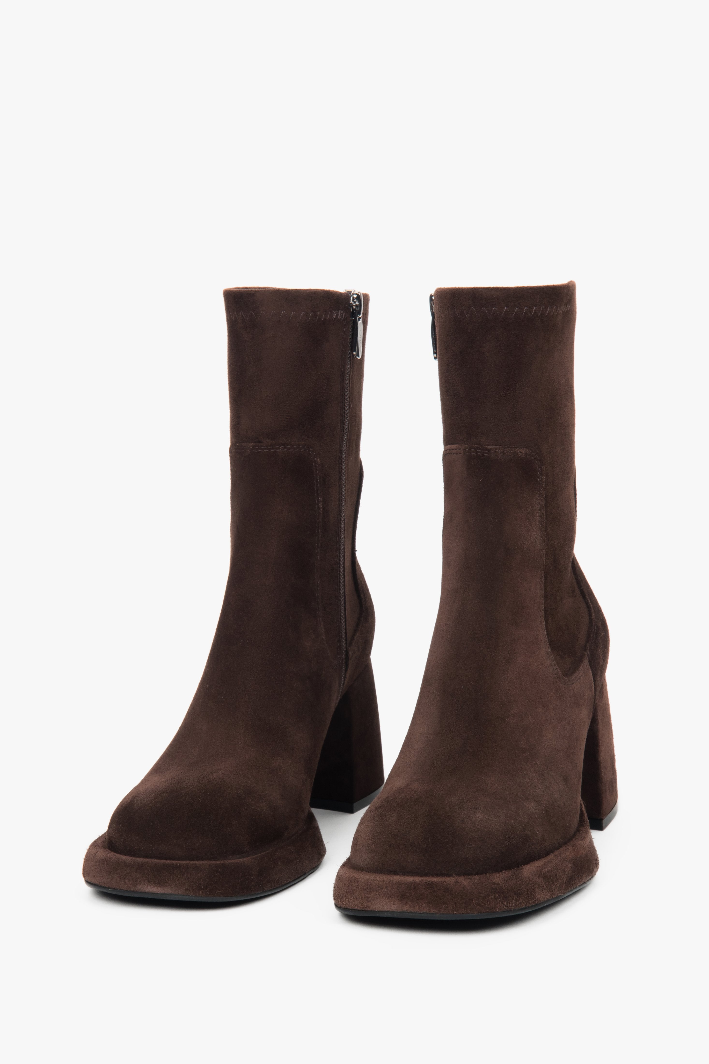 Women's dark brown ankle boots made of genuine velour and stretch with a stable heel Estro.