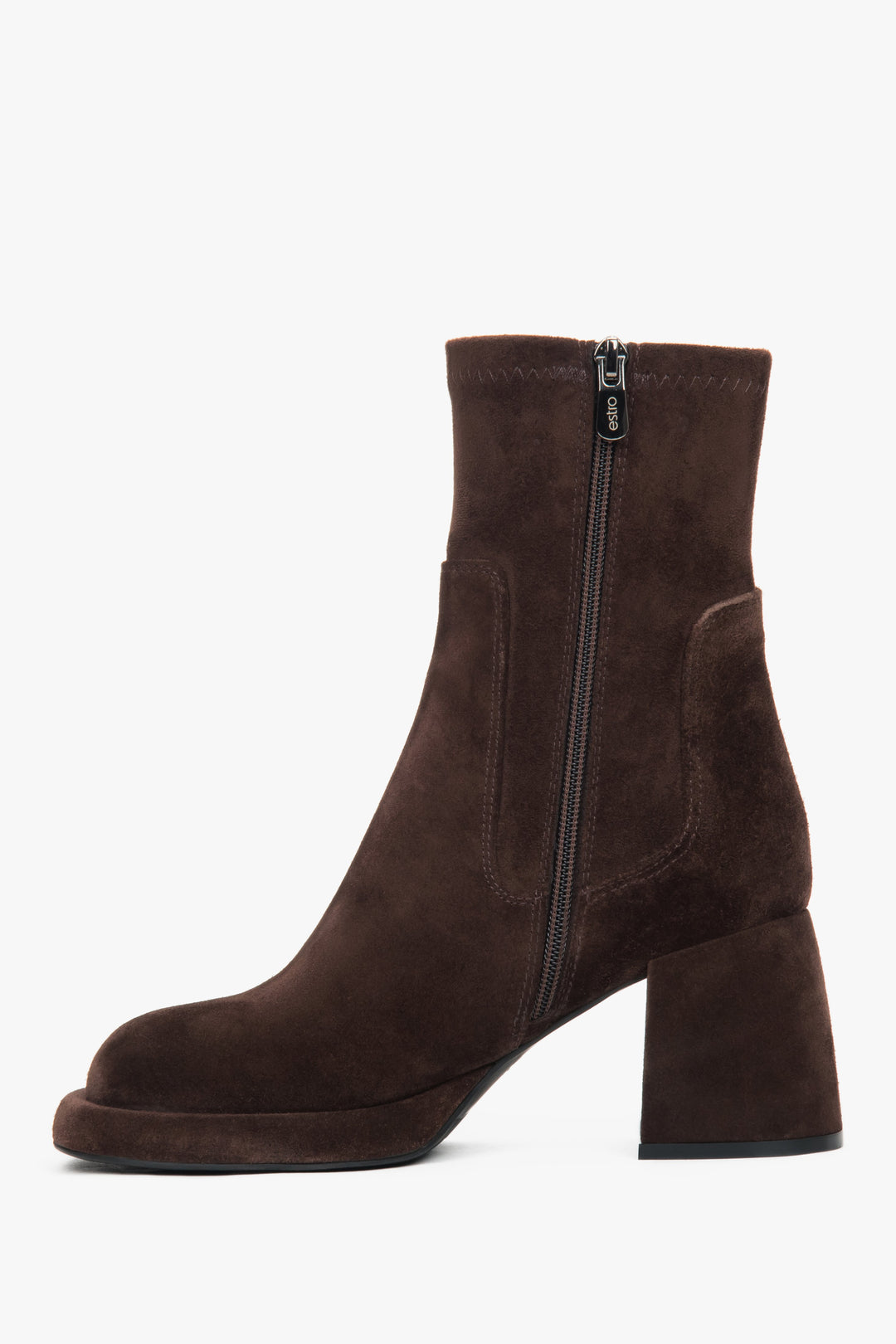 Women's ankle boots Estro, dark brown, made of genuine velour and stretch, with a stable heel.