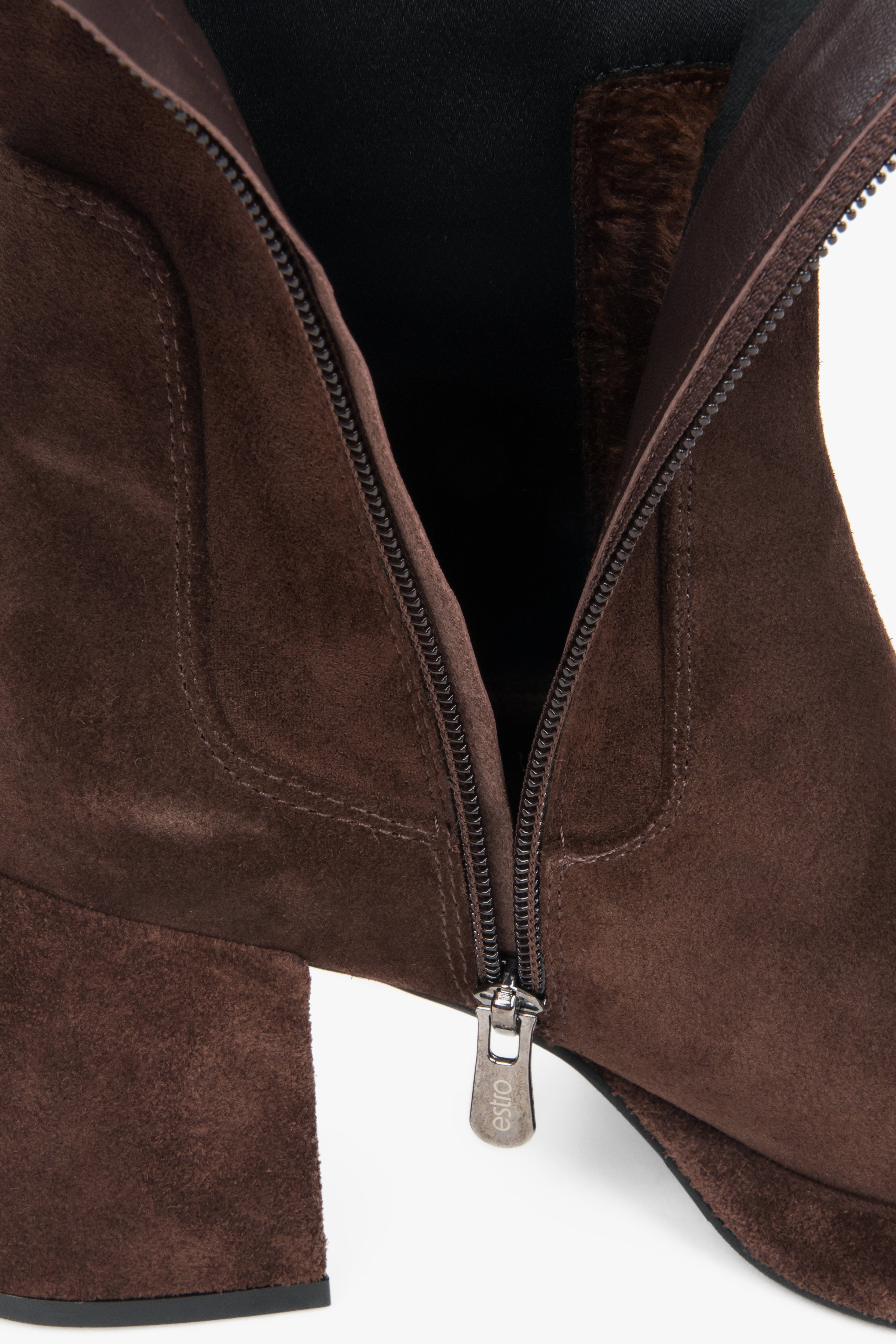 Women's dark brown ankle boots with a stable heel, made of genuine velour and stretch Estro.