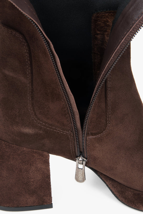 Women's dark brown ankle boots with a stable heel, made of genuine velour and stretch Estro.