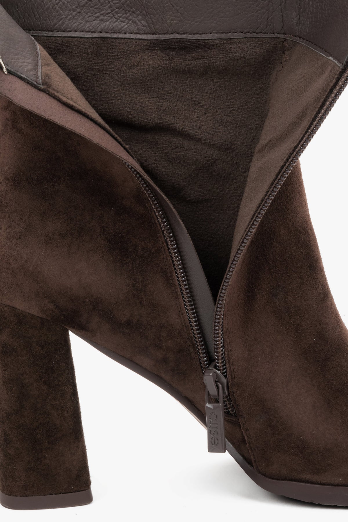 Made of genuine velour, dark brown women’s ankle boots with block heel Estro.