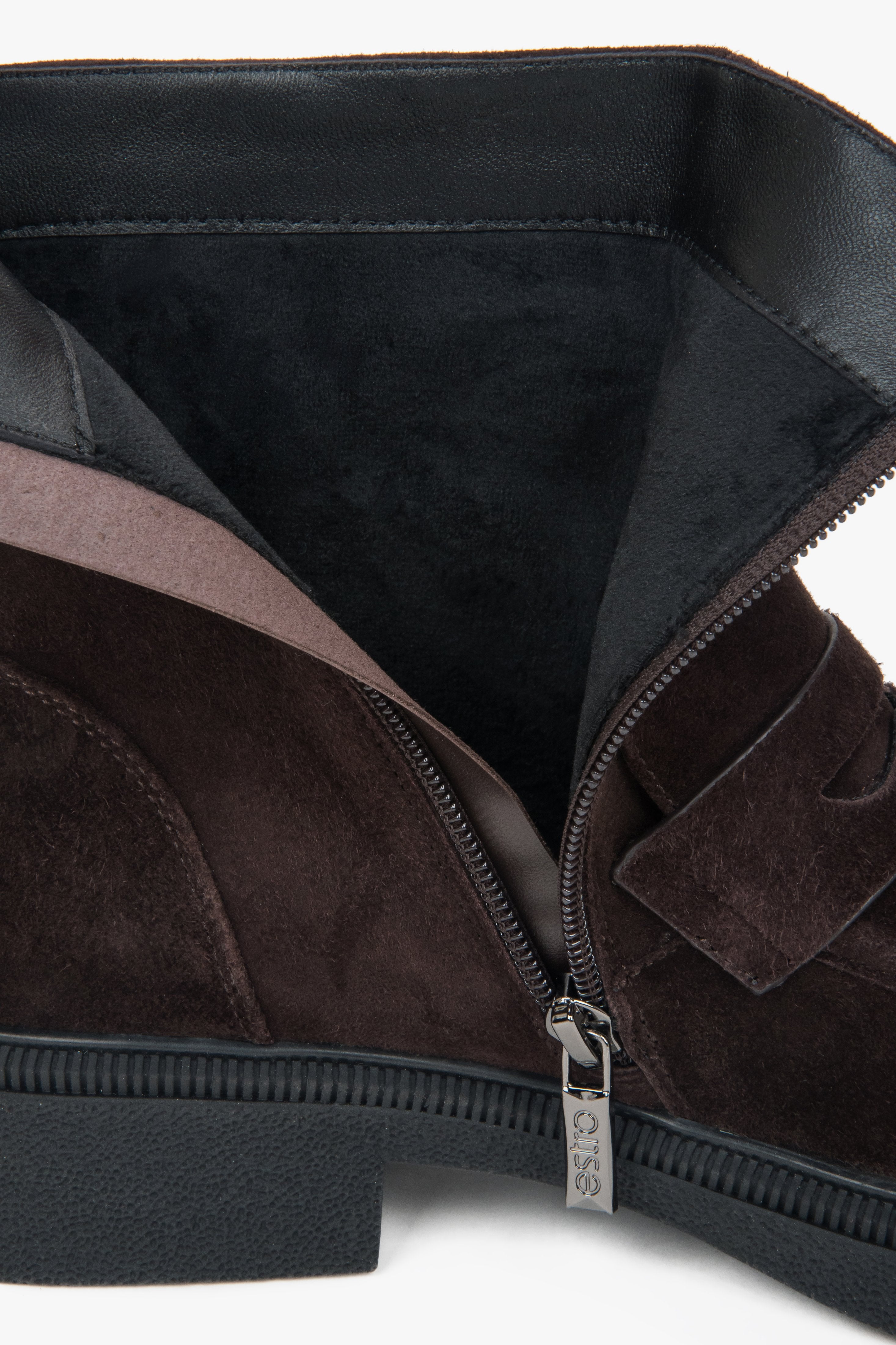 Women's dark brown genuine velour ankle boots with light insulation.