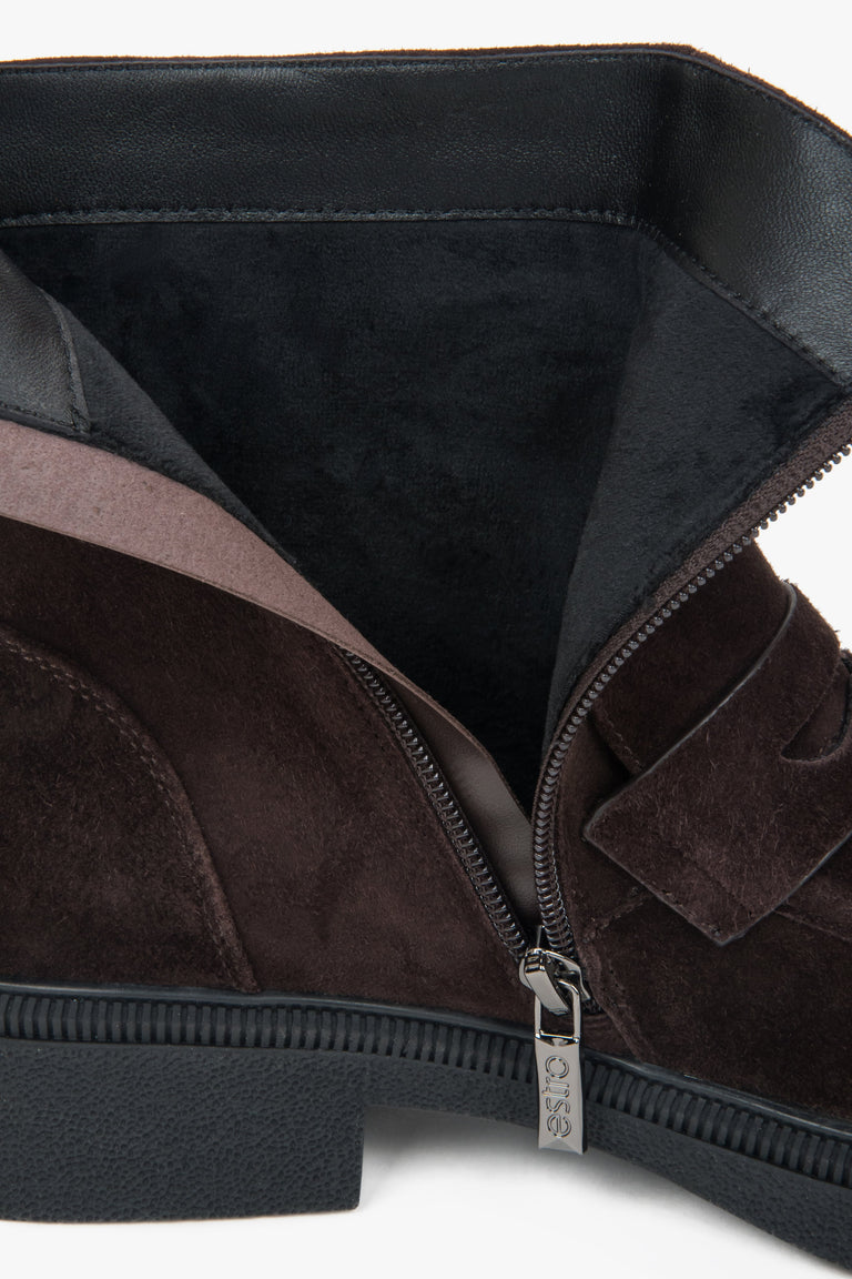 Women's dark brown genuine velour ankle boots with light insulation.