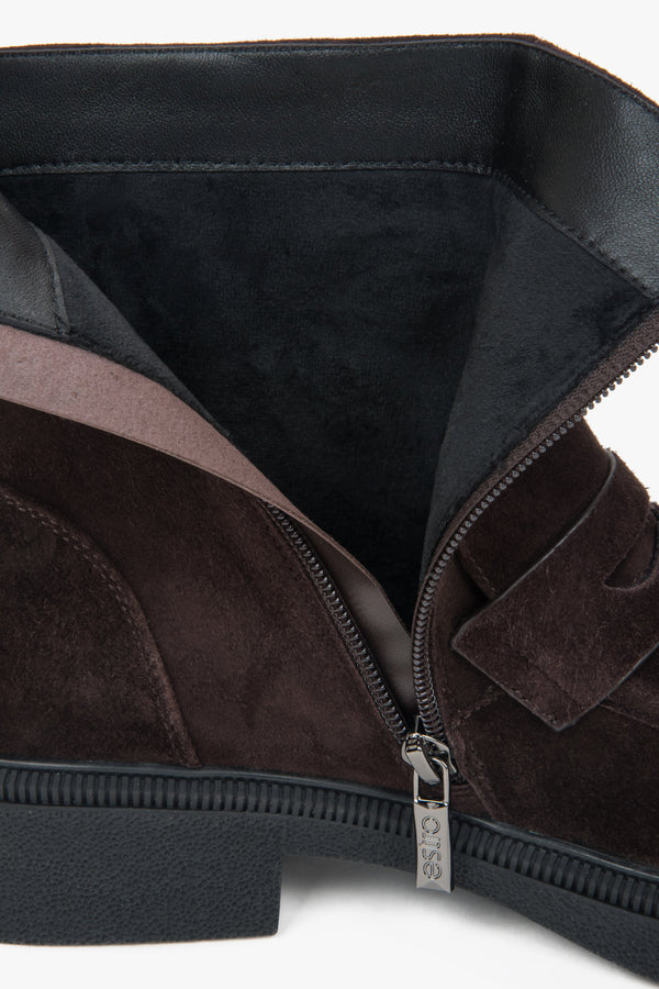 Women's dark brown genuine velour ankle boots with light insulation.