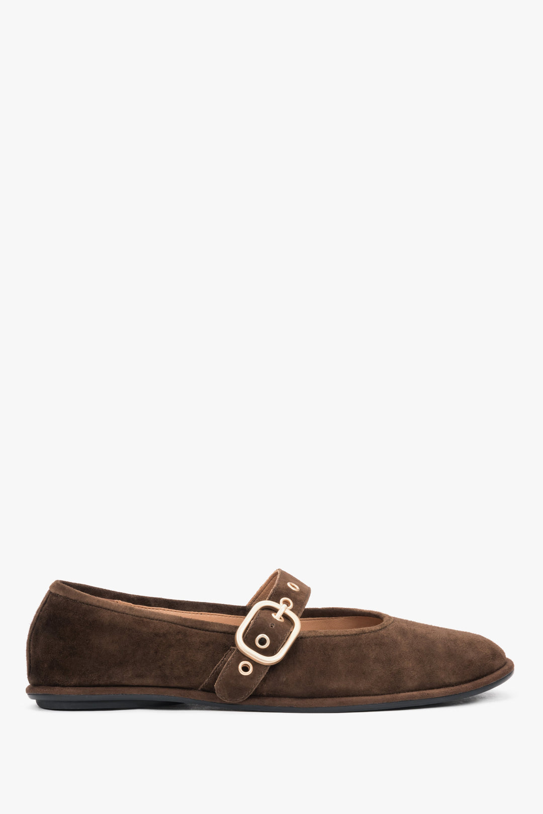 Women's dark brown velour ballerinas with a gold buckle Estro.