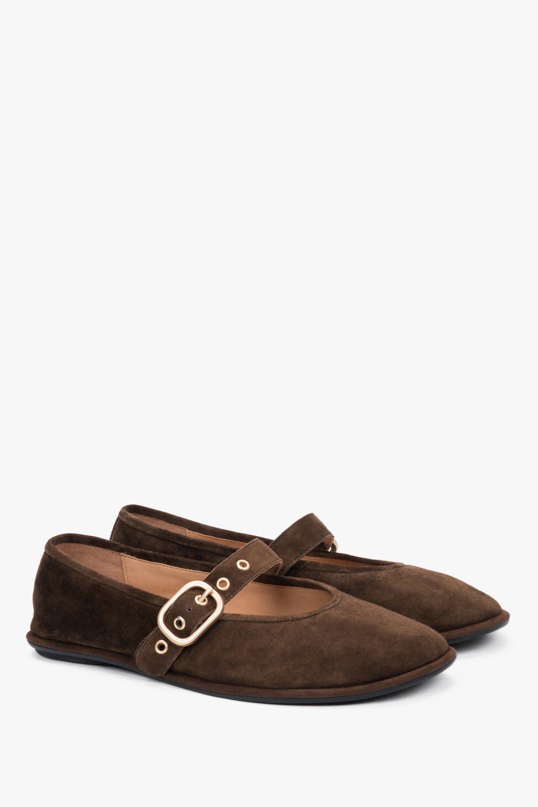 Women's ballet flats, dark brown, velour, with a gold buckle, Estro.