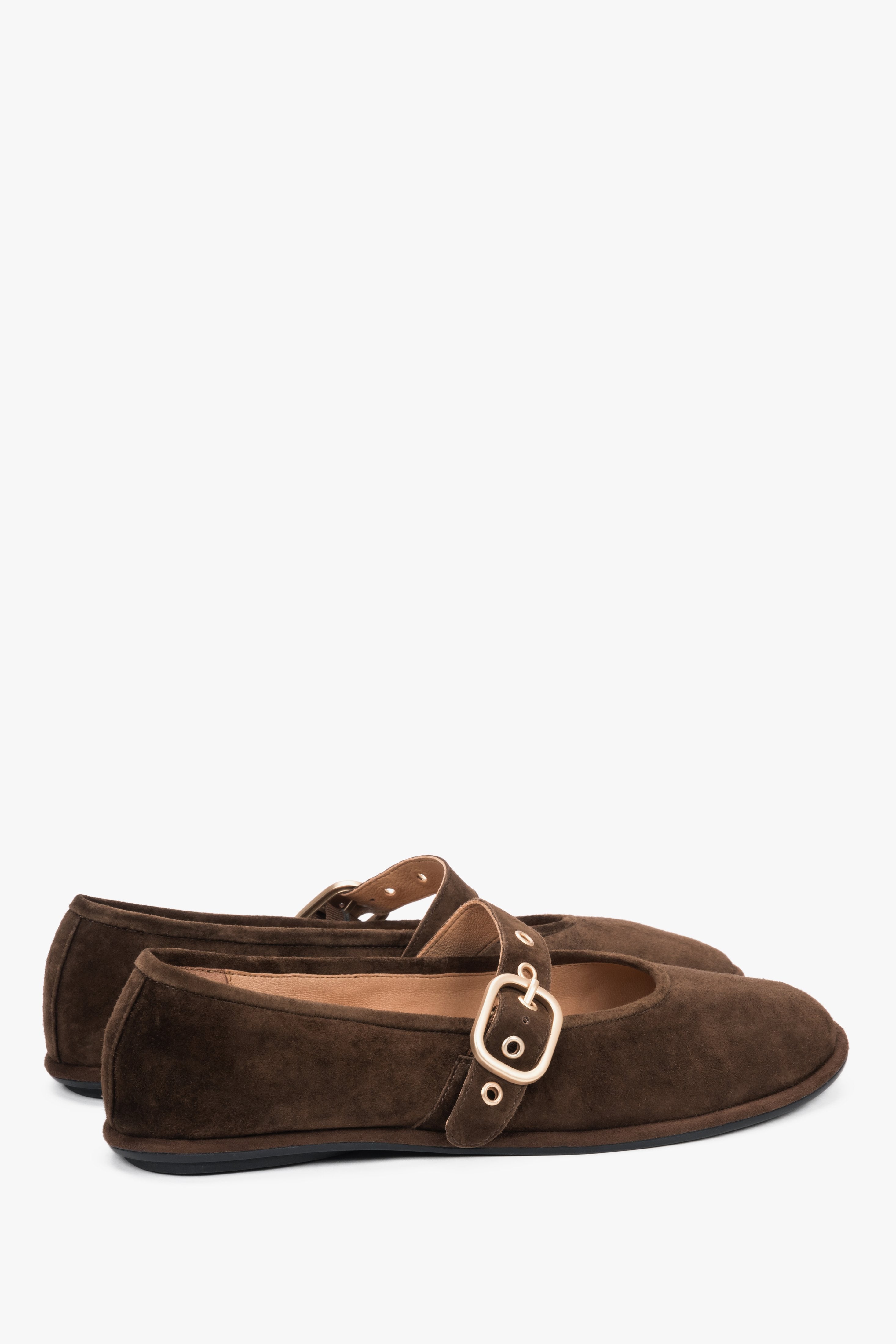 Women's dark brown velour ballerinas Estro, with a gold buckle.