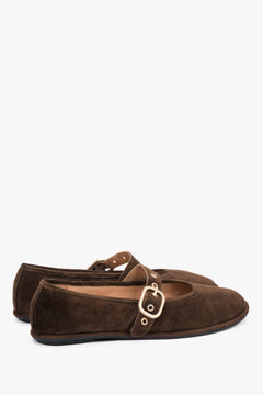 Women's dark brown velour ballerinas Estro, with a gold buckle.