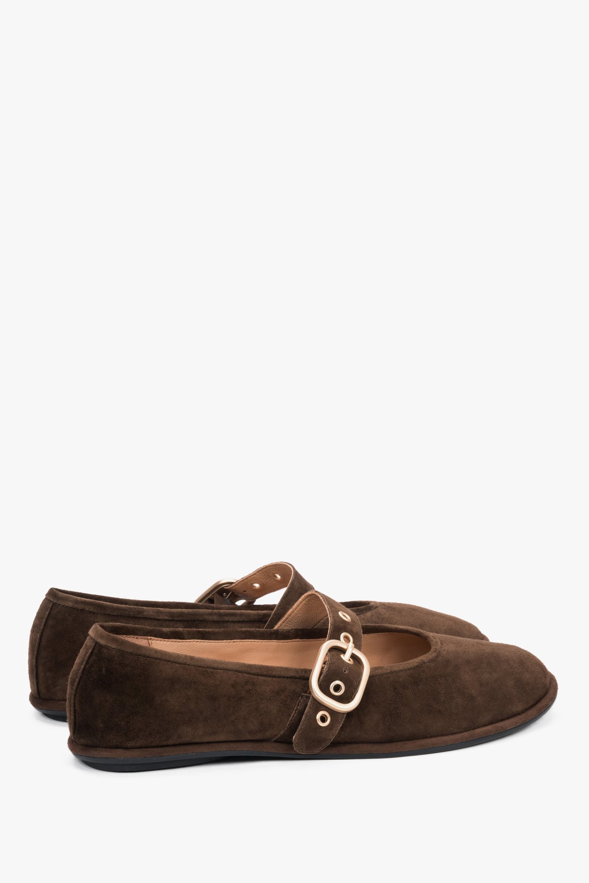 Women's dark brown velour ballerinas Estro, with a gold buckle.