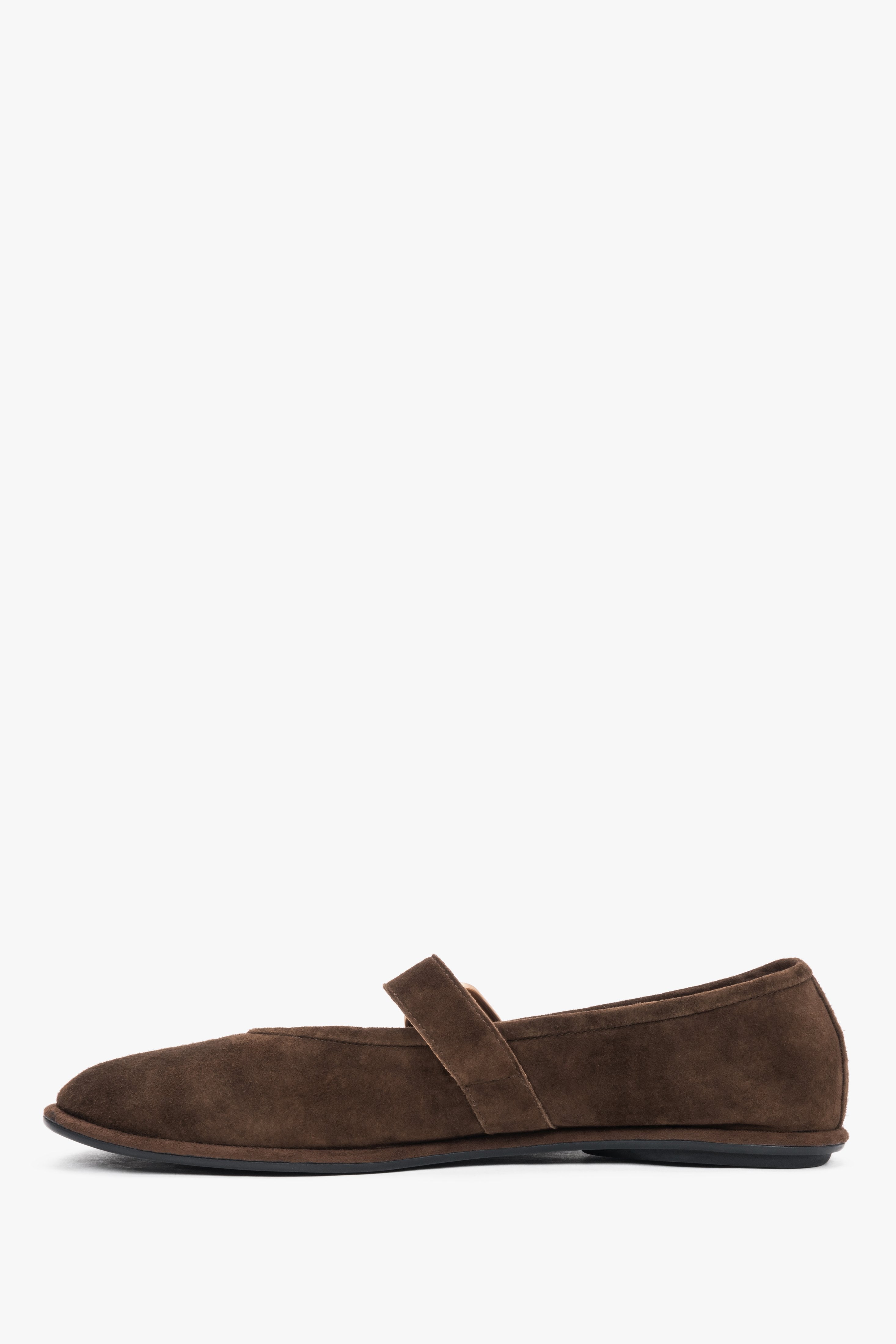Women's dark brown velour ballerinas with a gold buckle.