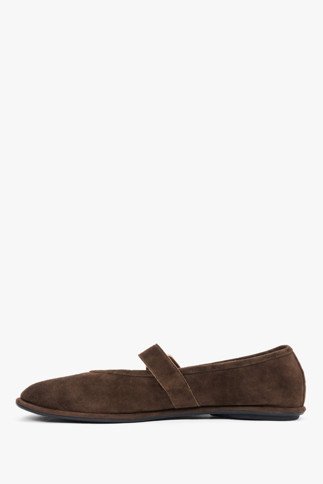Women's dark brown velour ballerinas with a gold buckle.