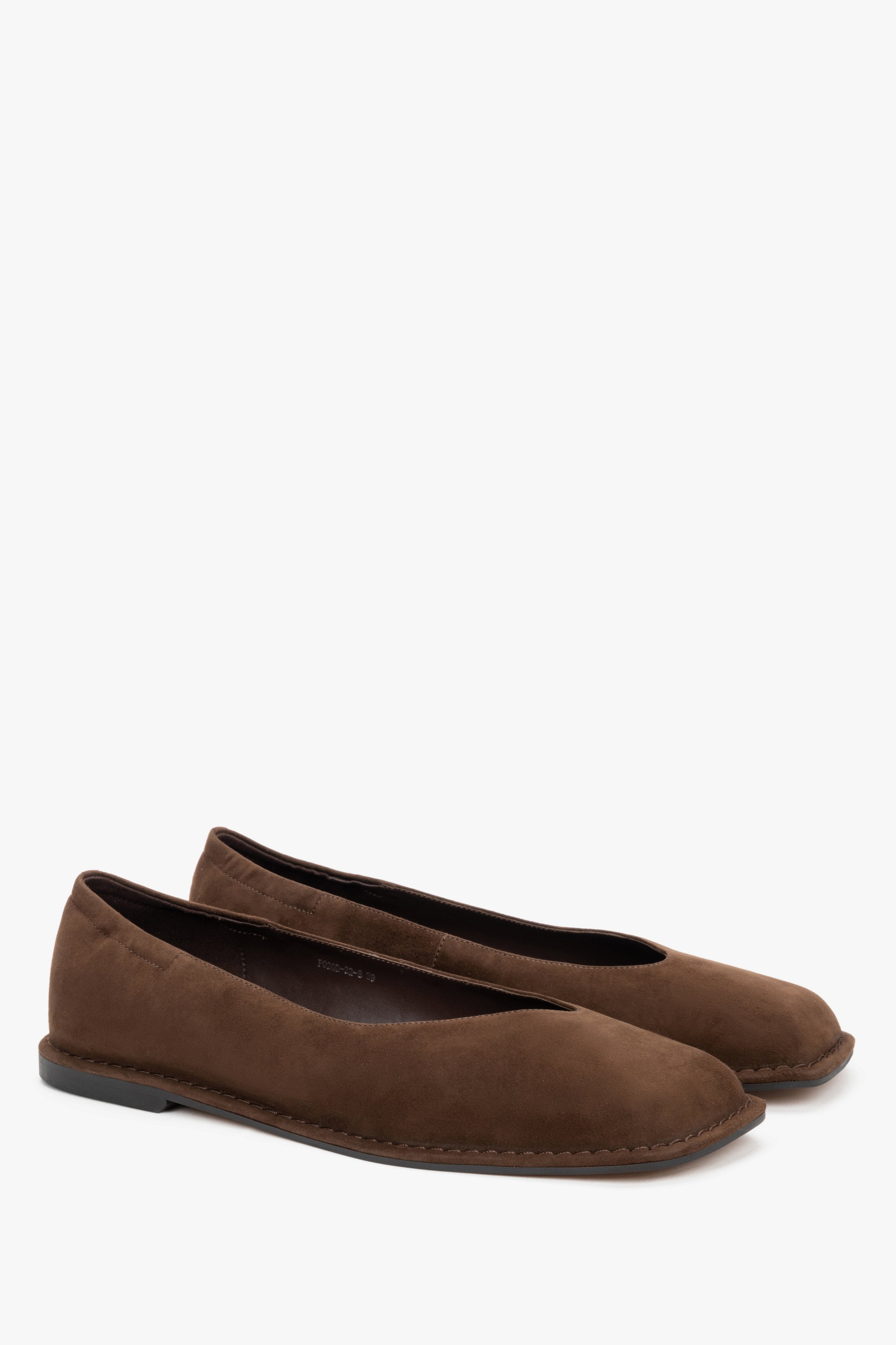 Women's dark brown velour ballet flats with square toe and flat sole