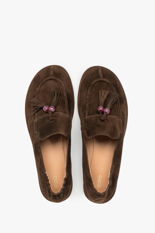 Women's Dark Brown Velour Barefoot Loafers with Decorative Tassel Estro ER00119873.
