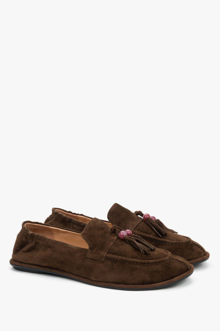 Women's dark brown natural velour barefoot loafers with a decorative tassel Estro, showcasing a classic silhouette and a deep espresso shade.