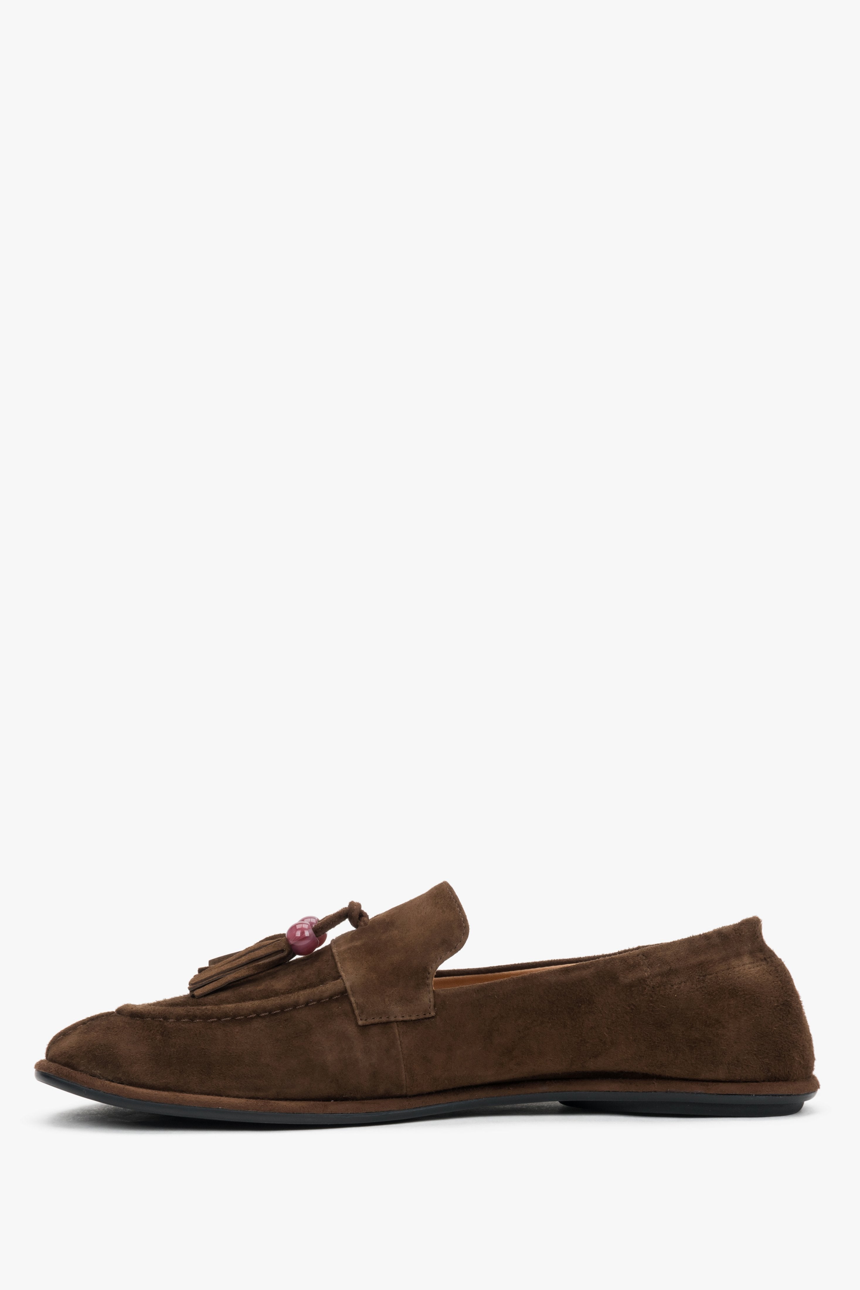 A profile shot of the women's dark brown loafers highlighting the ultra-flat, flexible barefoot sole and the soft upper construction.
