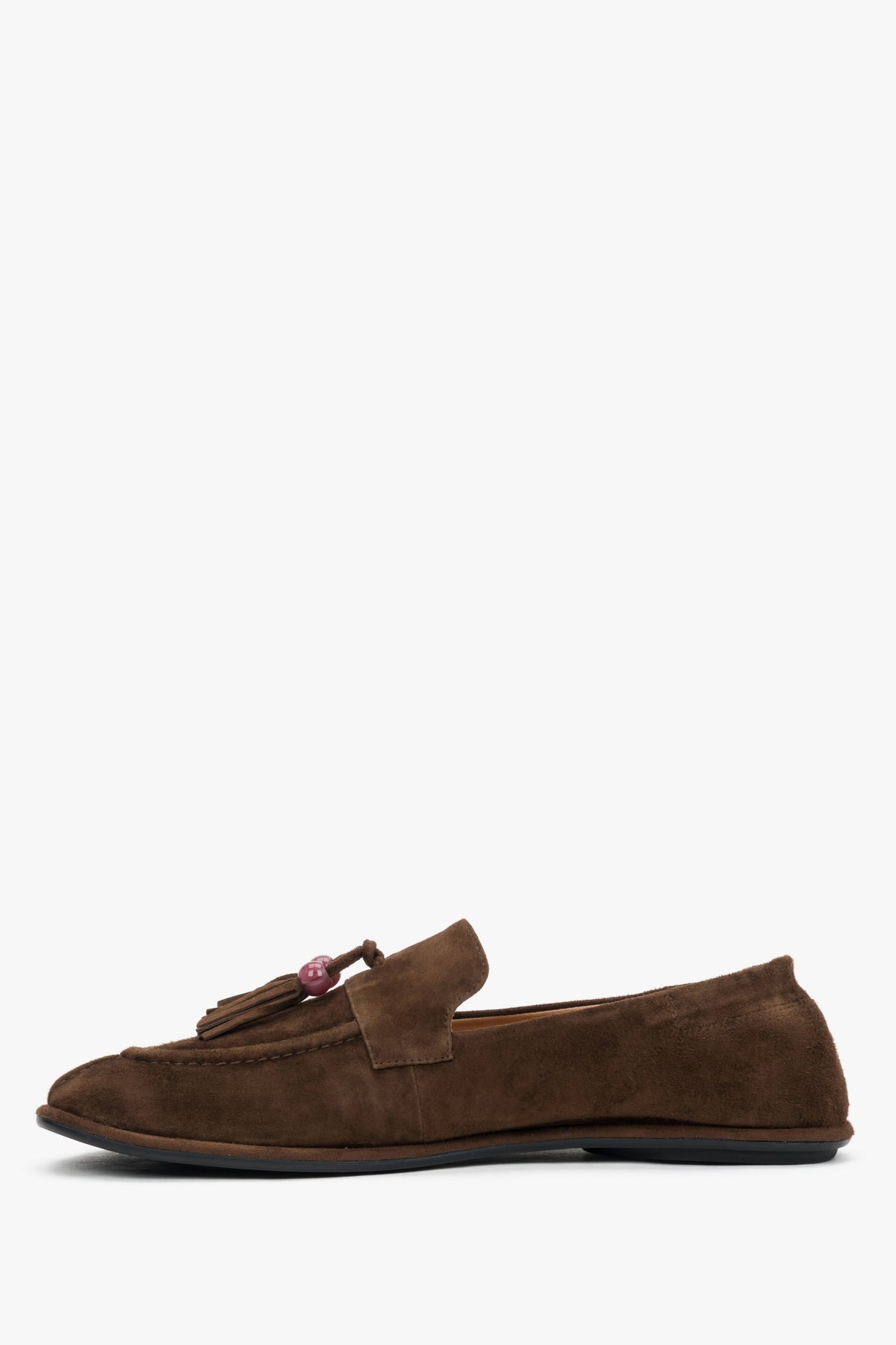 A profile shot of the women's dark brown loafers highlighting the ultra-flat, flexible barefoot sole and the soft upper construction.