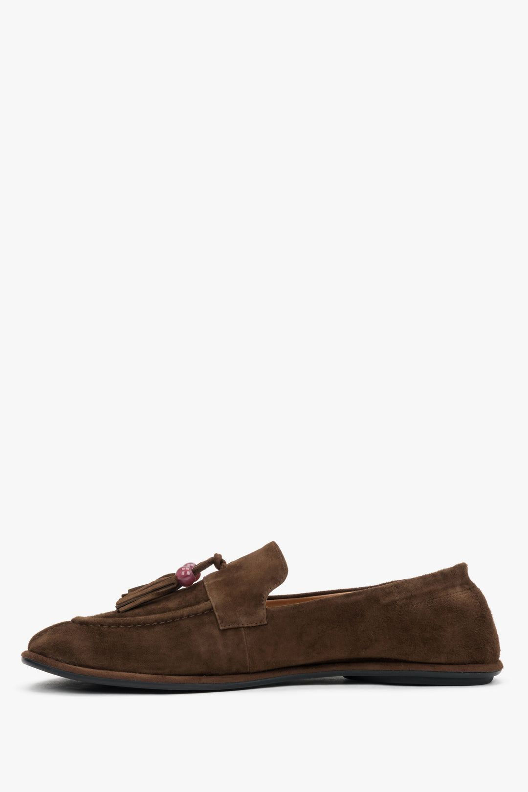 A profile shot of the women's dark brown loafers highlighting the ultra-flat, flexible barefoot sole and the soft upper construction.