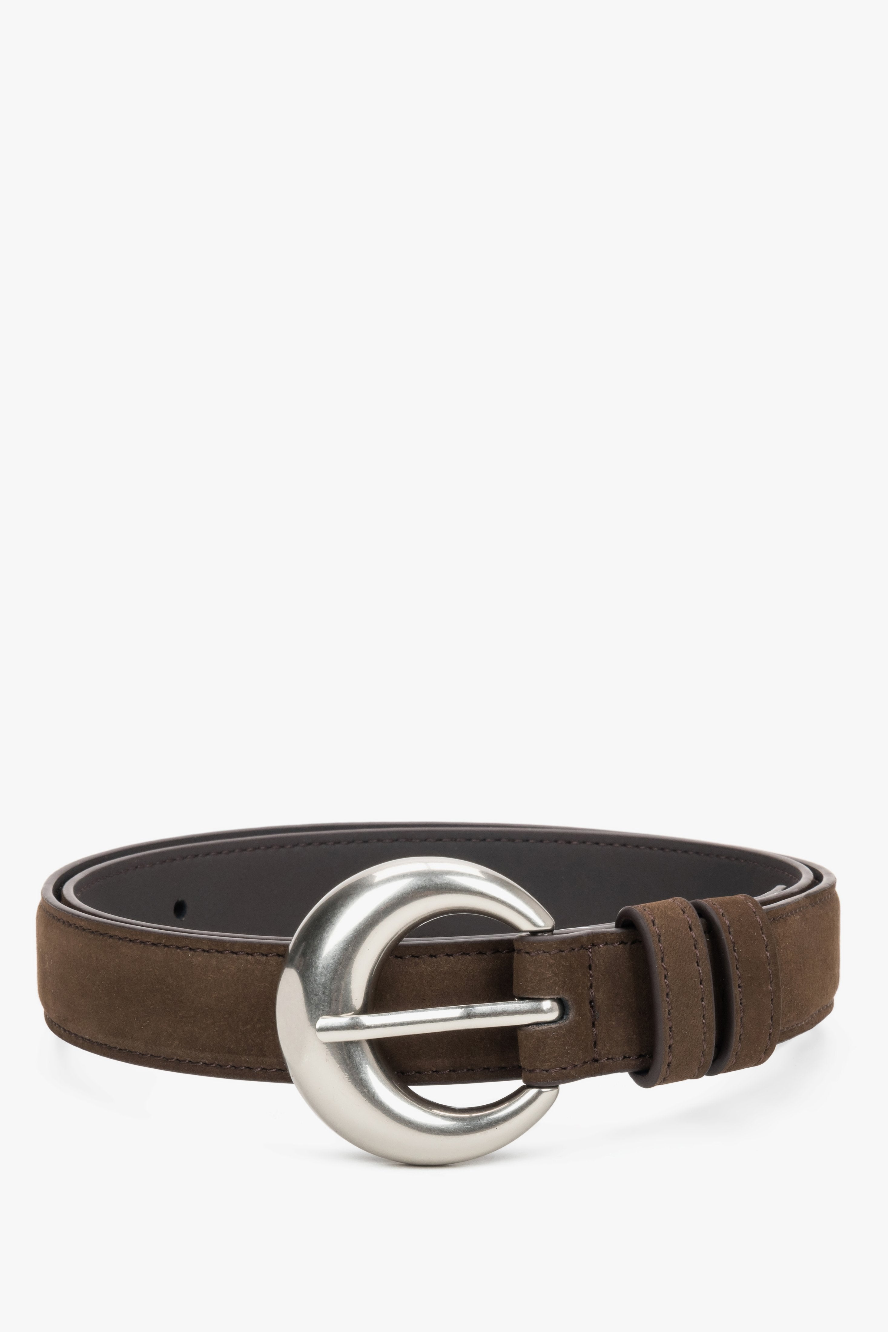 Women's Dark Brown Velour Belt with a Rounded Silver Buckle Estro ER00120718