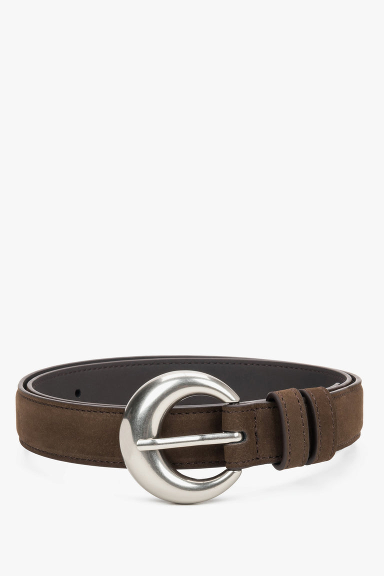 Women's Dark Brown Velour Belt with a Rounded Silver Buckle Estro ER00120718