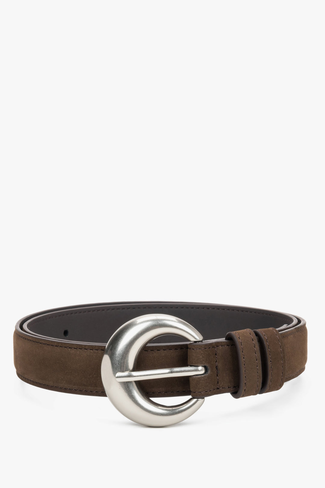 Women's Dark Brown Velour Belt with a Rounded Silver Buckle Estro ER00120718