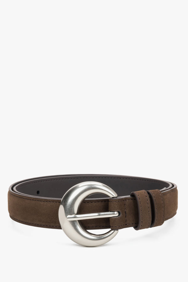 Women's Dark Brown Velour Belt with a Rounded Silver Buckle Estro ER00120718