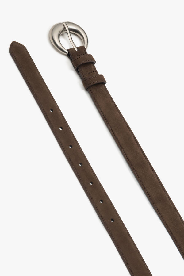 Dark brown velour belt for women with a silver buckle.