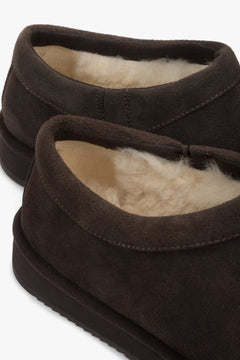 Women's dark brown velour clogs on a flexible platform with fur lining - close-up on details.