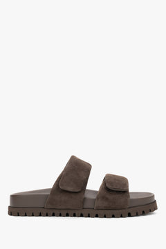 Women's dark brown velour flat mules by Estro with soft straps