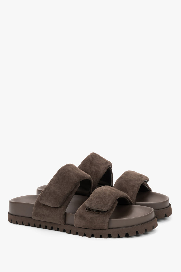 Side view of women's dark brown velour flat mules by Estro