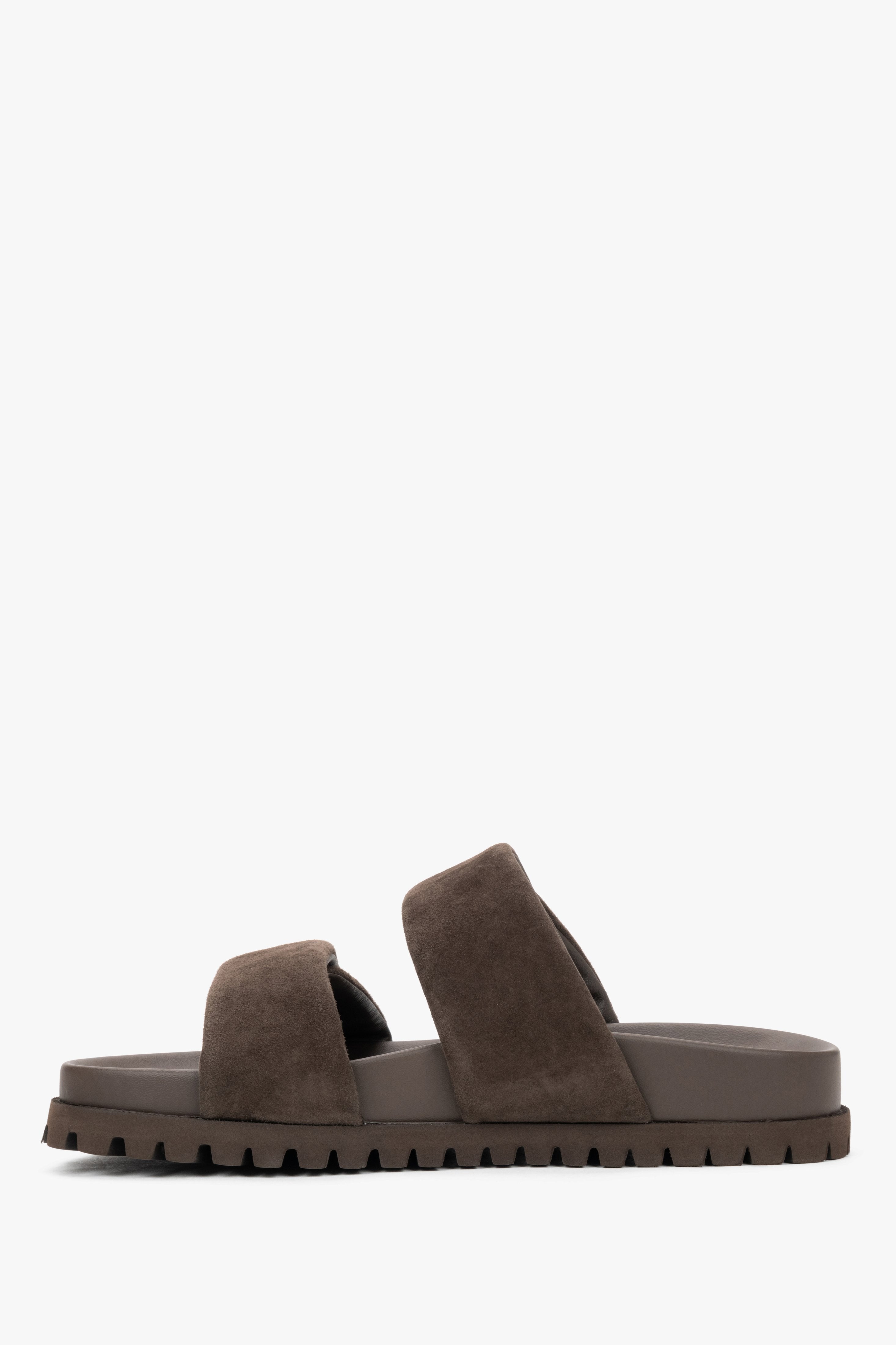 Women's dark brown flat mules with wide soft velour straps