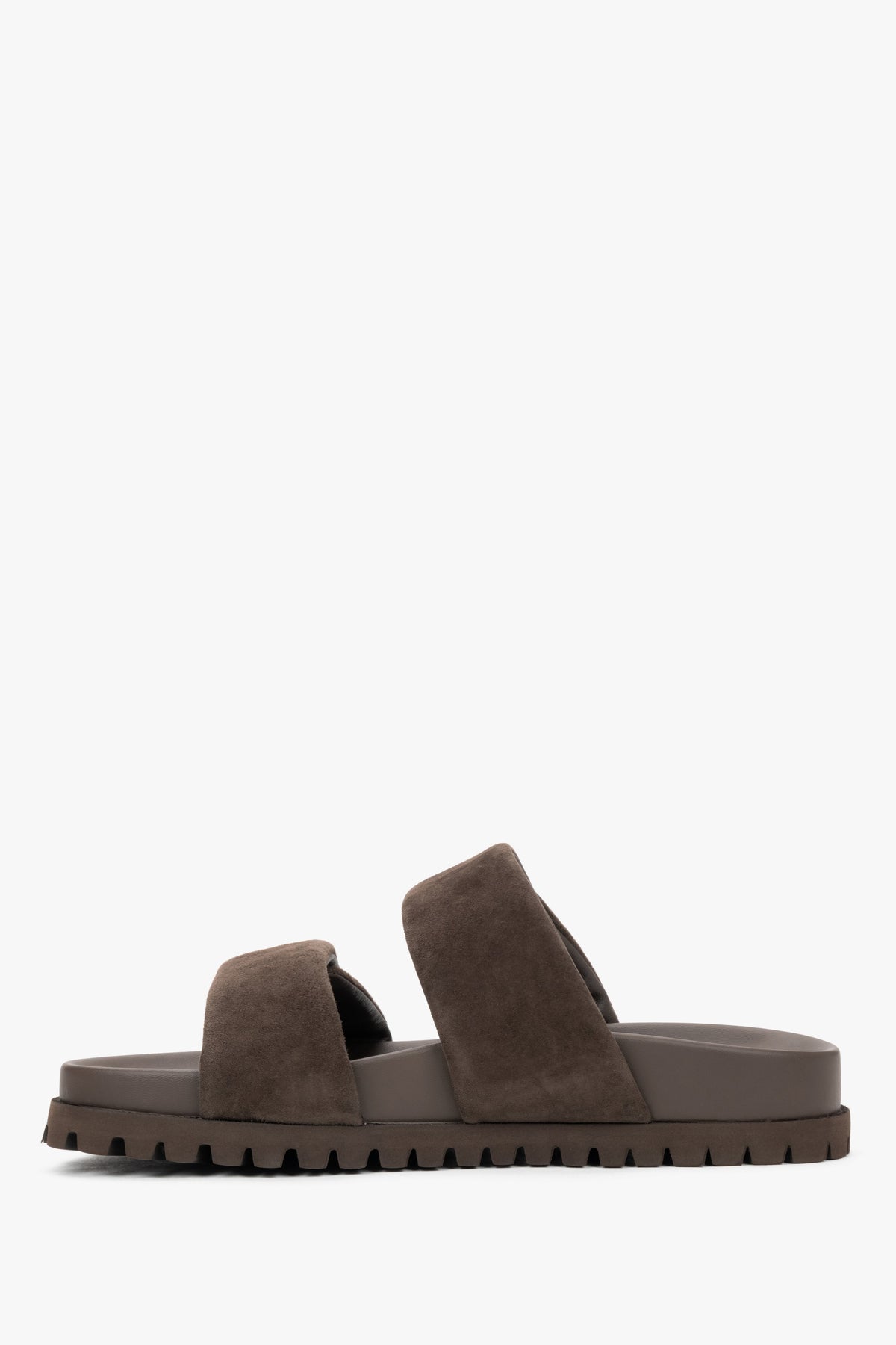 Women's dark brown flat mules with wide soft velour straps