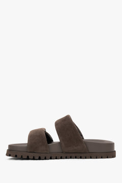 Women's dark brown flat mules with wide soft velour straps