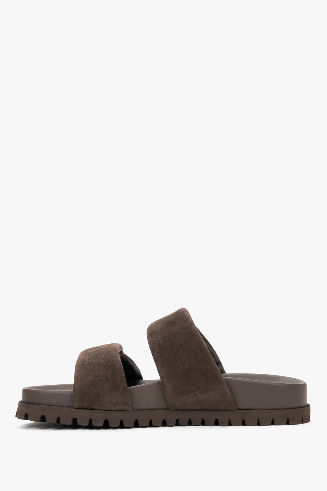 Women's dark brown flat mules with wide soft velour straps