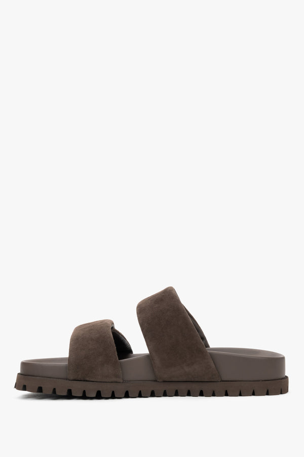 Women's dark brown flat mules with wide soft velour straps