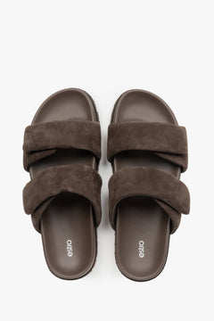 Top view of women's dark brown velour flat mules by Estro