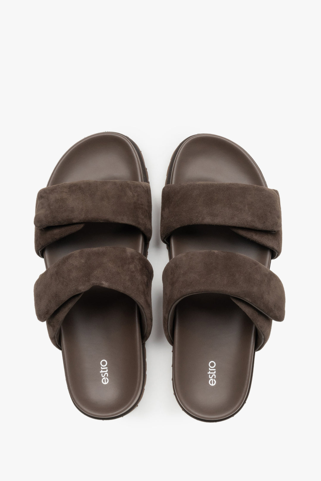 Top view of women's dark brown velour flat mules by Estro