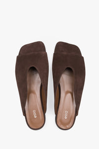 Women's dark brown velour flat mules with square toe by Estro