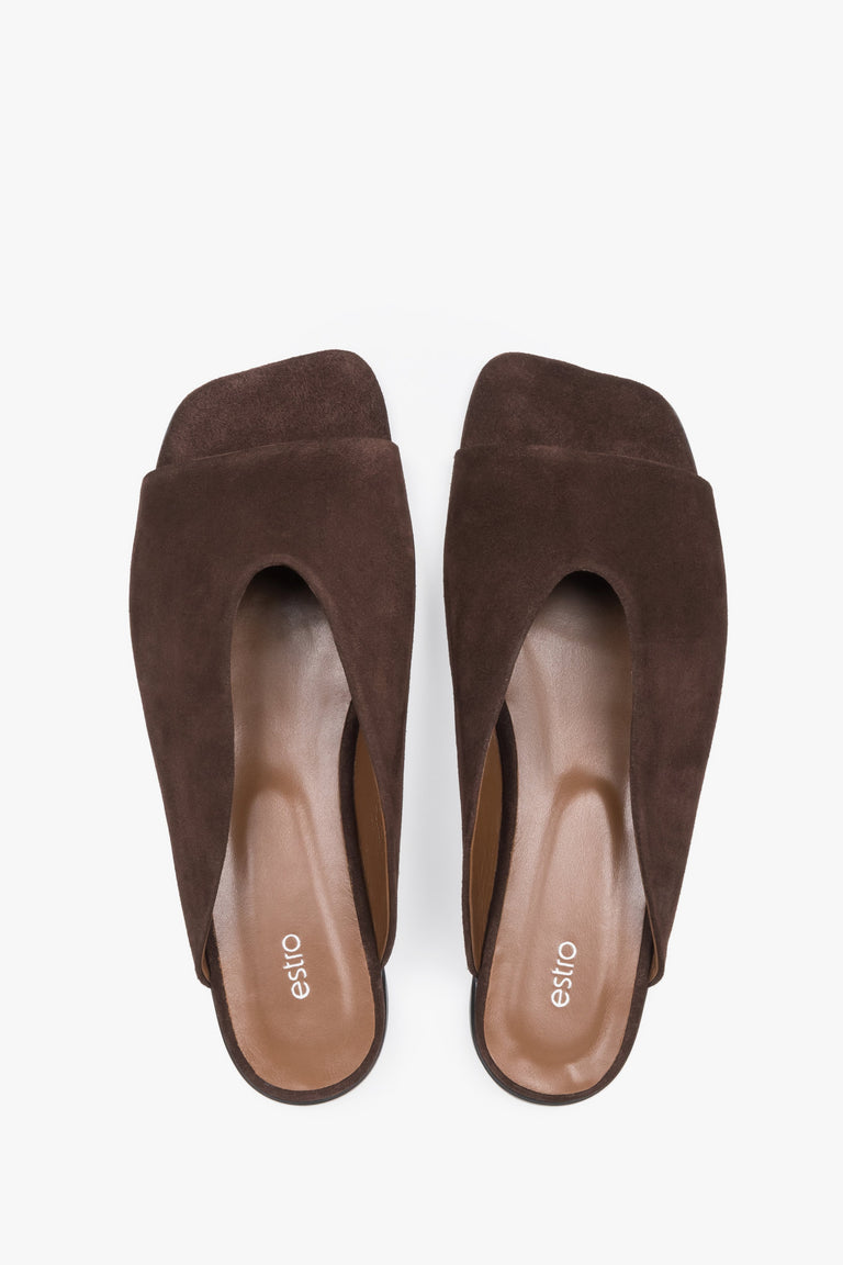 Women's dark brown velour flat mules with square toe by Estro